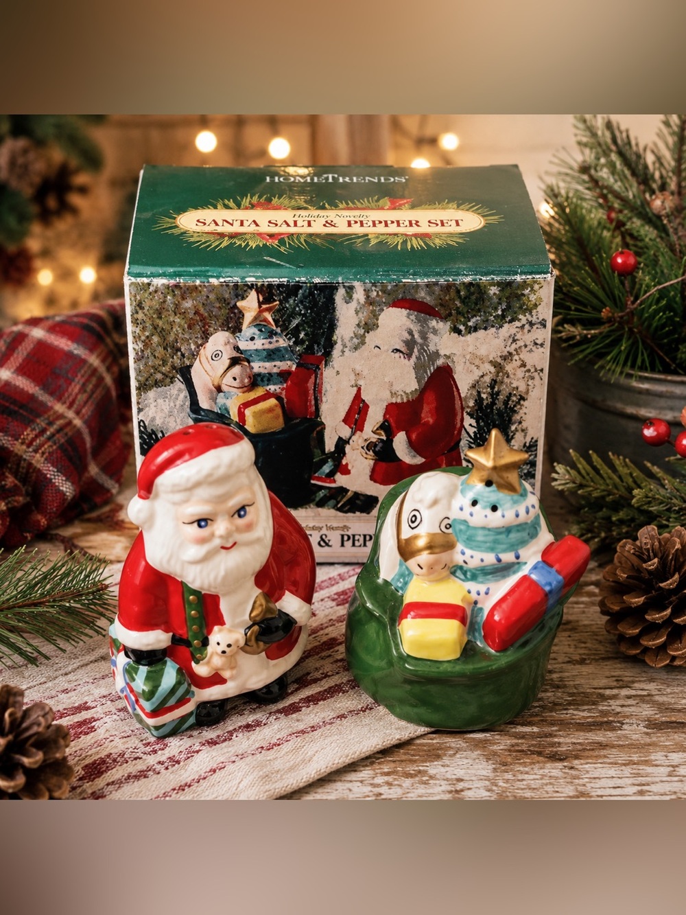 Vintage Santa Salt & Pepper Shakers Bag of Toys Boxed Christmas Set